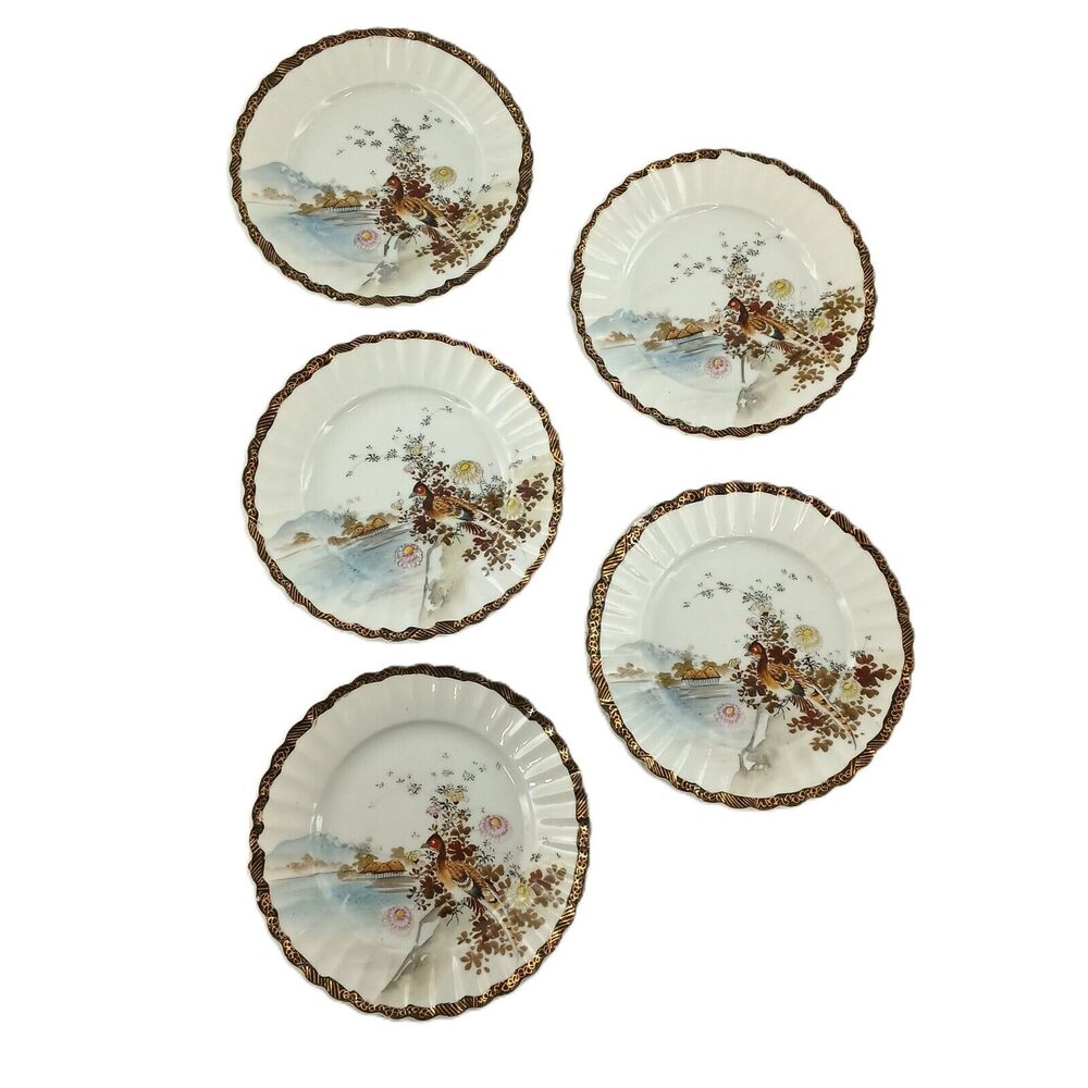 Lot of 5 Japanese Kutani Porcelain Plates Scalloped Edge w/ Black Gold Trim